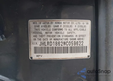 1998 Honda Cr-V Ex from USA, damaged, VIN JHLRD1862WC059622